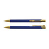 A set of two metal pens in a deep blue color with gold accents, featuring a sleek design and a clip for easy carrying.