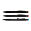 Three stylus pens in black with coloured stylus tips—gold, red, and blue—each featuring a logo.