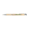 A plastic pen with a cork body and silver accents. It features a logo on the side.