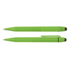 A green stylus pen with a retractable tip and a cap, featuring a black stylus tip and a clip.