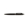 A black stylus pen featuring a sleek design and a clip, accompanied by a logo.