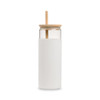 A glass tumbler with a white sleeve and wooden lid, featuring a straw. The tumbler is clear and elegant.