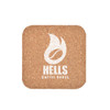 A cork square coaster in a natural brown hue, featuring a logo and branding.