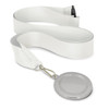 A silver podium medal with a 50mm round design attached to a white ribbon.