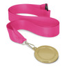 A gold medal with a blank centre, attached to a pink ribbon. The ribbon has a clip.