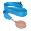 A podium medal with a rose gold circular medal attached to a blue ribbon. The medal has no text or design.