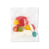 A clear cello bag containing assorted jelly candies in various colors, including red, yellow, green, blue, and white.