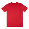 A red unisex T-shirt with a round neck and short sleeves, featuring a logo on the label.