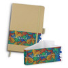 A kraft notebook with a colourful patterned band featuring floral designs and an elastic closure.