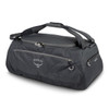 A black duffle bag with dual handles and a logo. Features an external pocket and a durable design.