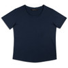 A navy women's T-shirt with a round neckline and short sleeves, featuring a logo on the label.