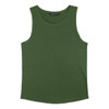 A green tank top featuring a simple design and a logo. It has a relaxed fit and no sleeves.