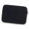 A black laptop sleeve with a zip closure and a simple, sleek design. Features a logo on the front.
