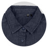 A close-up of a dark denim button-up shirt with a collar and navy buttons. The shirt has a logo tag inside.