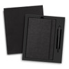 A black writing set featuring a notebook and pen, presented in a sleek black gift box with a logo.