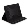 A black tablet case with a textured front and a foldable stand feature. It includes a logo detail.