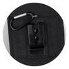 A black phone pouch with a clip and a carabiner attachment. The material appears durable and textured.