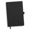 A black notebook with a textured cover, featuring a ribbon bookmark and an elastic closure. It has a logo on the cover.
