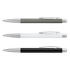 A set of three metal pens in black, white, and grey, each with a silver clip and tip.