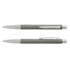 A metal pen in grey and silver, featuring a sleek design and a branding logo.