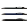 Three metal pens in green, blue, and black, each with a sleek design and a clip for convenience.