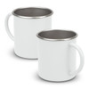 A white coffee mug with a stainless steel interior and a handle, featuring a simple design.
