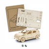 A wooden hatchback car model in natural wood colour, alongside its assembly template.