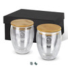 A glass set featuring two 350ml cups with bamboo lids, presented in a sleek black box.
