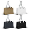 A set of four small ribbon handle paper bags in gold, white, navy, and black. Each bag has matching ribbon handles.