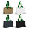 Small ribbon handle paper bags in white, black, brown, and dark green, each featuring green handles.