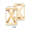 A wooden wine crate with a natural finish, featuring an X-shaped design and a rope handle for easy carrying.
