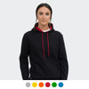 A black unisex hoodie with a red contrast drawstring and a front pocket, featuring a branding logo.