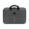 A laptop case in grey fabric with black handles and a logo tag. Features a zip closure and a sleek design.