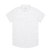 A white short-sleeved button-up shirt featuring a pocket and a logo.