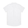 A white short-sleeve button-up shirt with a collar and a logo on the back.