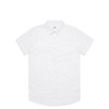 A white short-sleeve button-up shirt with a collar and a chest pocket. It features a logo on the label.
