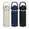 A drink bottle trio featuring a cream, navy, and black finish, each with a flip straw and a handle.