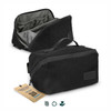 A black toiletry bag features a spacious compartment and a handle, designed with interior organisational pockets.