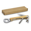 A wooden wine waiter’s knife in a cardboard box, featuring silver metal tools including a bottle opener, corkscrew, and knife.