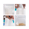 A sealing storage bag in white, with illustrations demonstrating its use in four steps. Features a logo.