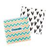 A set of two reusable food pouches featuring a turquoise and orange chevron pattern and a black heart design, both with zippers.