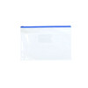 A transparent A4 file bag with a blue zip closure, suitable for storing documents. It features a logo.