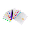 A set of transparent A4 file bags in assorted colours, featuring a brand logo on one bag.