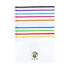 A clear A4 file bag with multiple coloured zip closures and a small logo at the bottom.