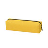 A yellow pencil case with a zip closure, featuring a simple rectangular design and a small logo.