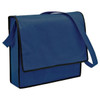 A blue non-woven sling bag with a flap closure and an adjustable strap. It features a logo on the front.