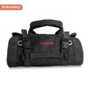 A black roll-up tool bag with handles and straps, featuring a logo on the front.