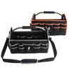 A black tool carrier bag with orange accents and grey trimming, featuring multiple pockets and a sturdy handle.