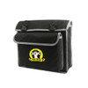 A black portable tool bag with grey accents and a logo on the front.