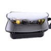A grey portable tool bag opened to display yellow tools and metal utensils inside, with a black exterior.